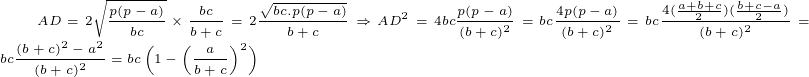 Inégalité géométrique Gif.latex?\tiny&space;\dpi{150}&space;AD=2\sqrt{\frac{p(p-a)}{bc}}\times&space;\frac{bc}{b&plus;c}=2\frac{\sqrt{bc